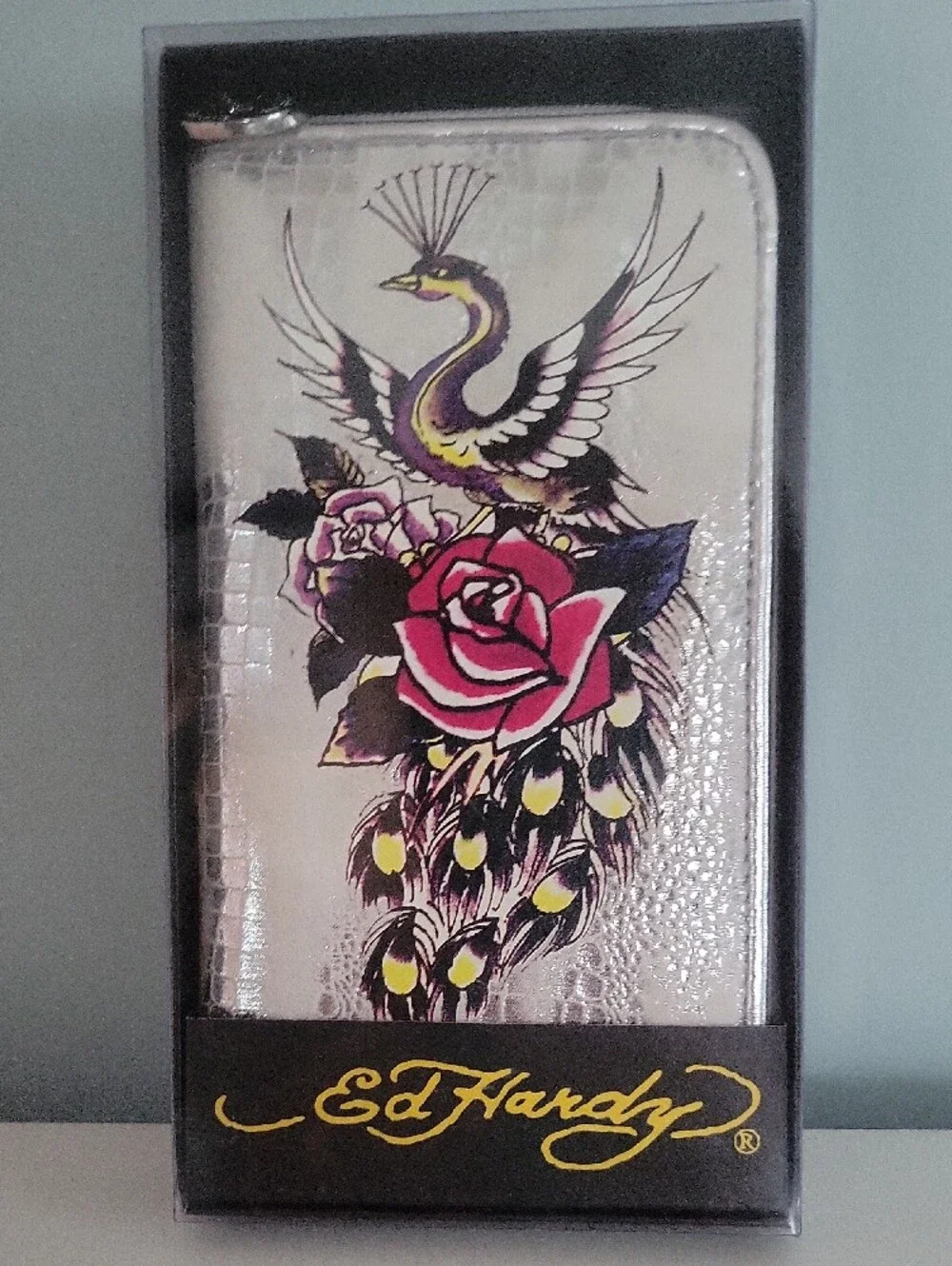 Ed Hardy Silver Peacock & Pink Rose Zip Phone Wallet